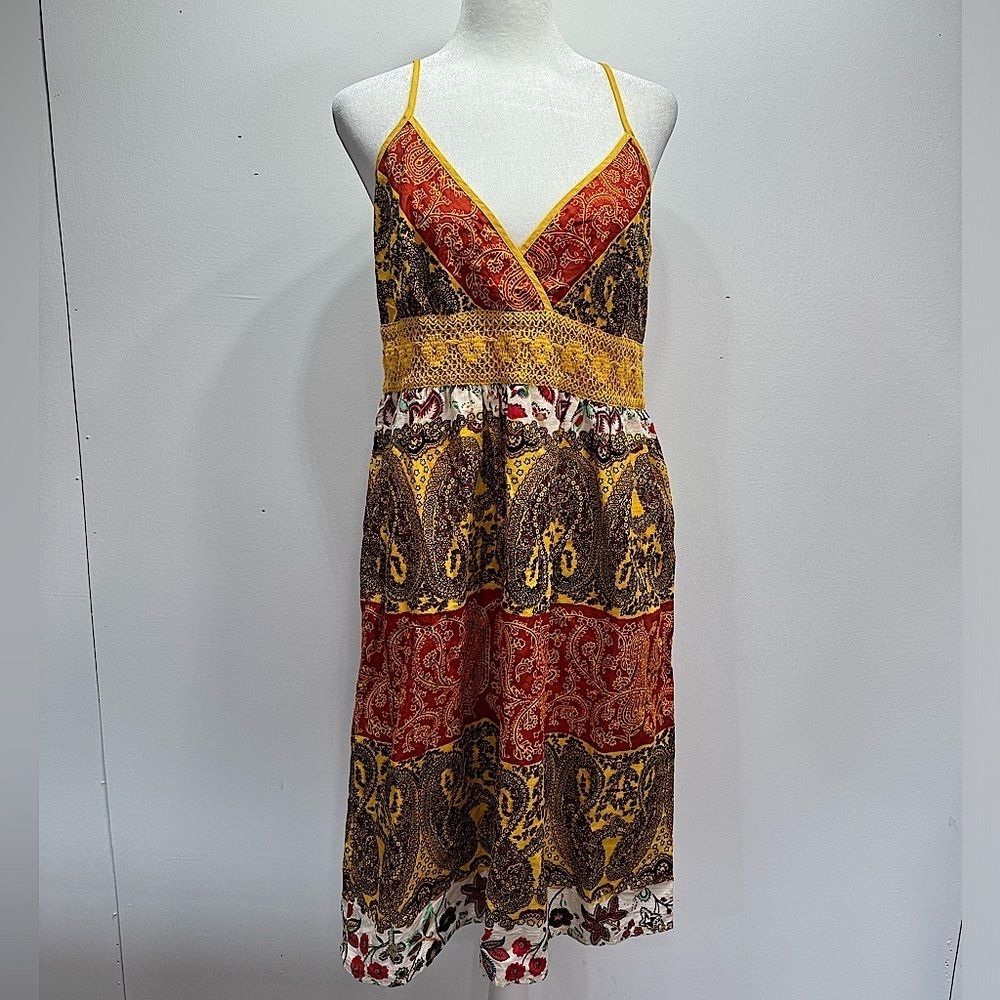 Daytrip Slip Dress Multicolored Boho Paisley Crochet Waistband Spaghetti Straps